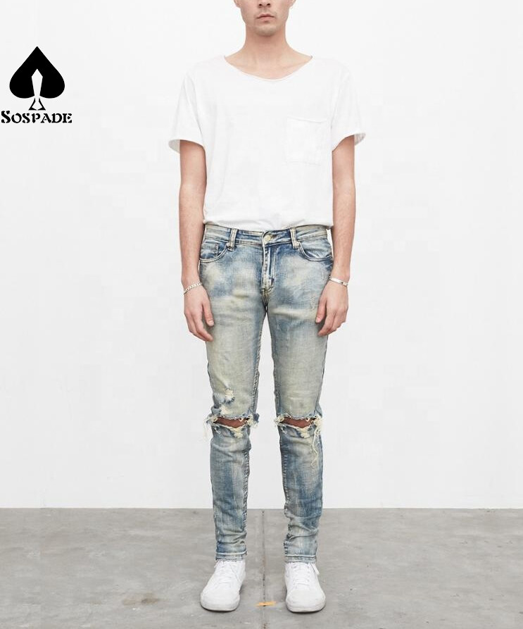 Custom Destroyed Denim Jeans Mens Ripped Skinny Jeans-wathet blue