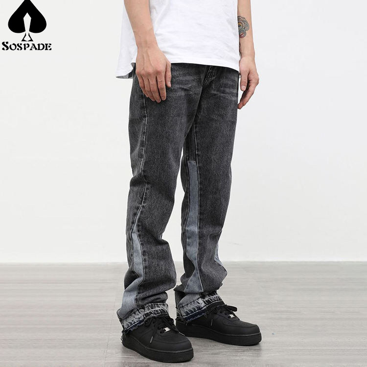 OEM Custom Summer New Design Men Flared Jeans Patchwork Loose Hip Hop Denim Pants Washed Jeans