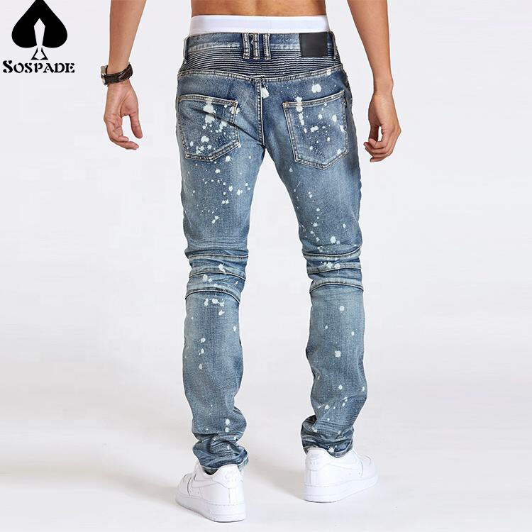 Custom Slim Fit Mens Jeans Button Fly Colorblock Medium Washed Distresses Hole Urban Denim Pants