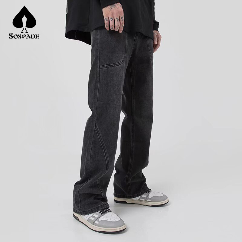 Oem Custom Mens Heavy Cotton Wide Leg Baggy Jeans Black Blank Denim Stacked Jeans Zipper Flared Jeans For Men