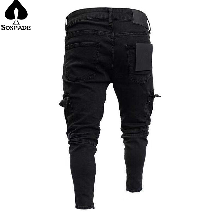 Custom Men Skinny Cargo Jeans Long Pant Denim Combat Biker Pocket Stretch Work Trousers
