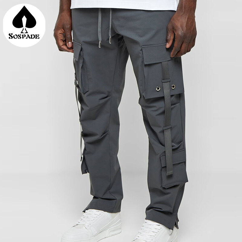 European And American Fashion Streetwear Hip-hop Overalls Multi-pocket Casual Sports Pants Elastic Waist Solid Gray Overalls