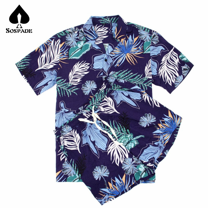 SoSpade OEM/ODM Custom Casual Summer Men's Beach Short Sleeve Shirt Shorts Hawaiian Beach Floral Shirt SetS