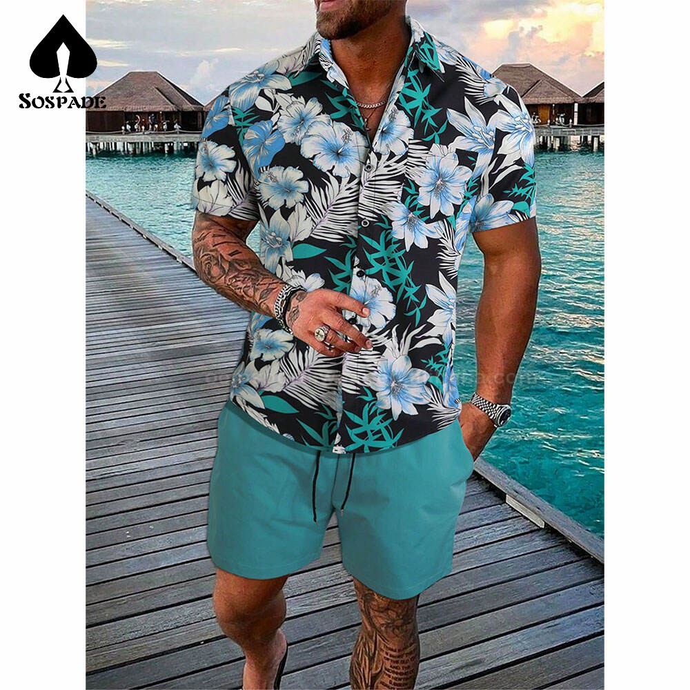 SoSpade OEM/ODM Sportswear Splicing Full Sublimation Graphic Print Button Down Hawaii Tropical Beach Men Recycle Suite