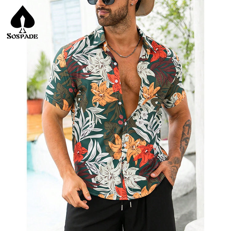 SoSpade OEM/ODM Custom made Hawaiian Beach suit Silk fabric Digtial Print Button Up shirt