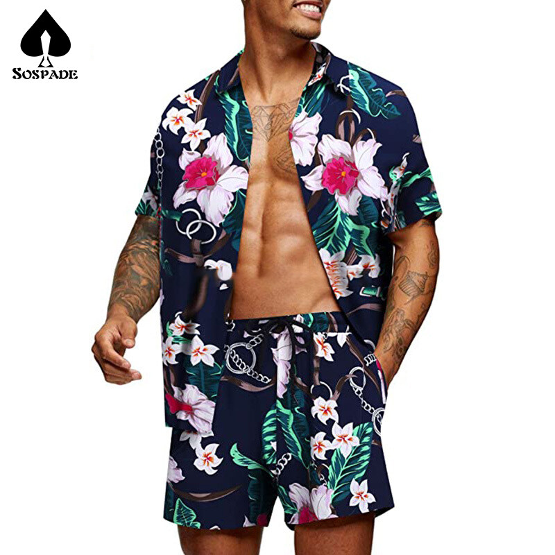 SoSpade OEM/ODM Custom made  Men's Flower Shirt Cotton Hawaiian Sets Casual Button Down Short Sleeve Shirt