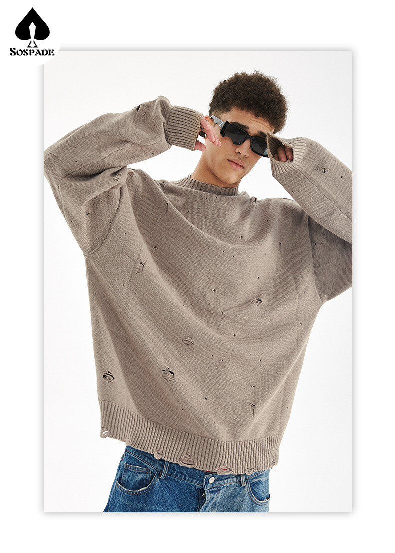 Custom made 460gsm heavy round neck Knitting holes coat Casual street fashion sweater design