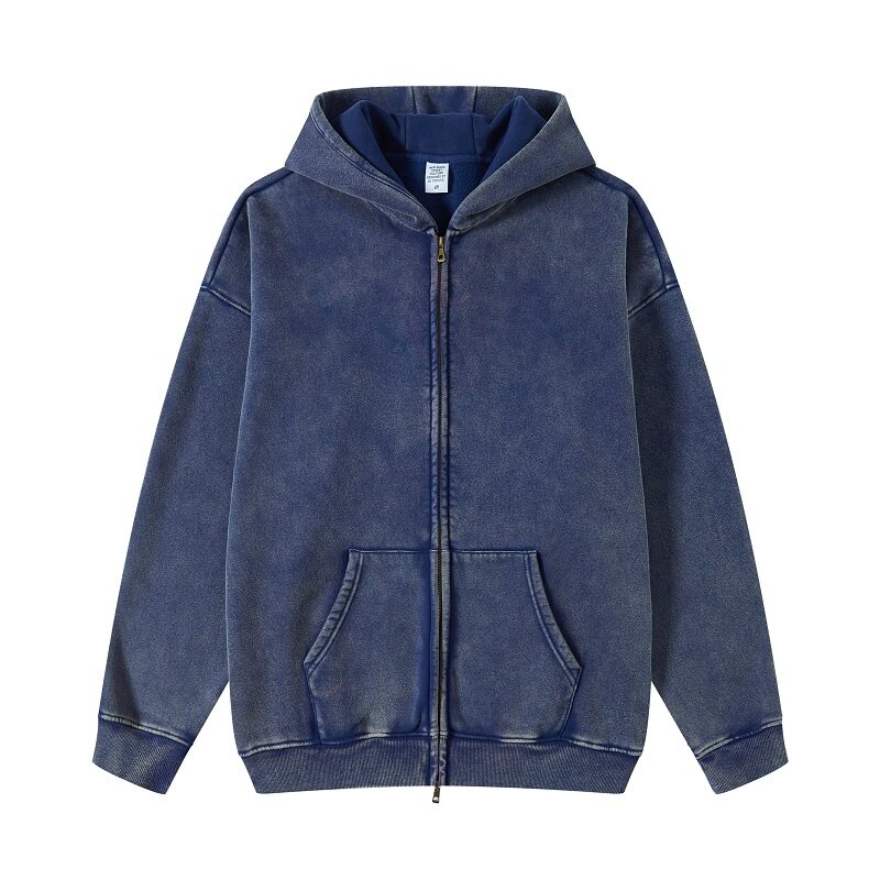 Fleece-lined oversize zip-up hoodie hip-hop cardigan sweatshirt 350gsm Acid washed
