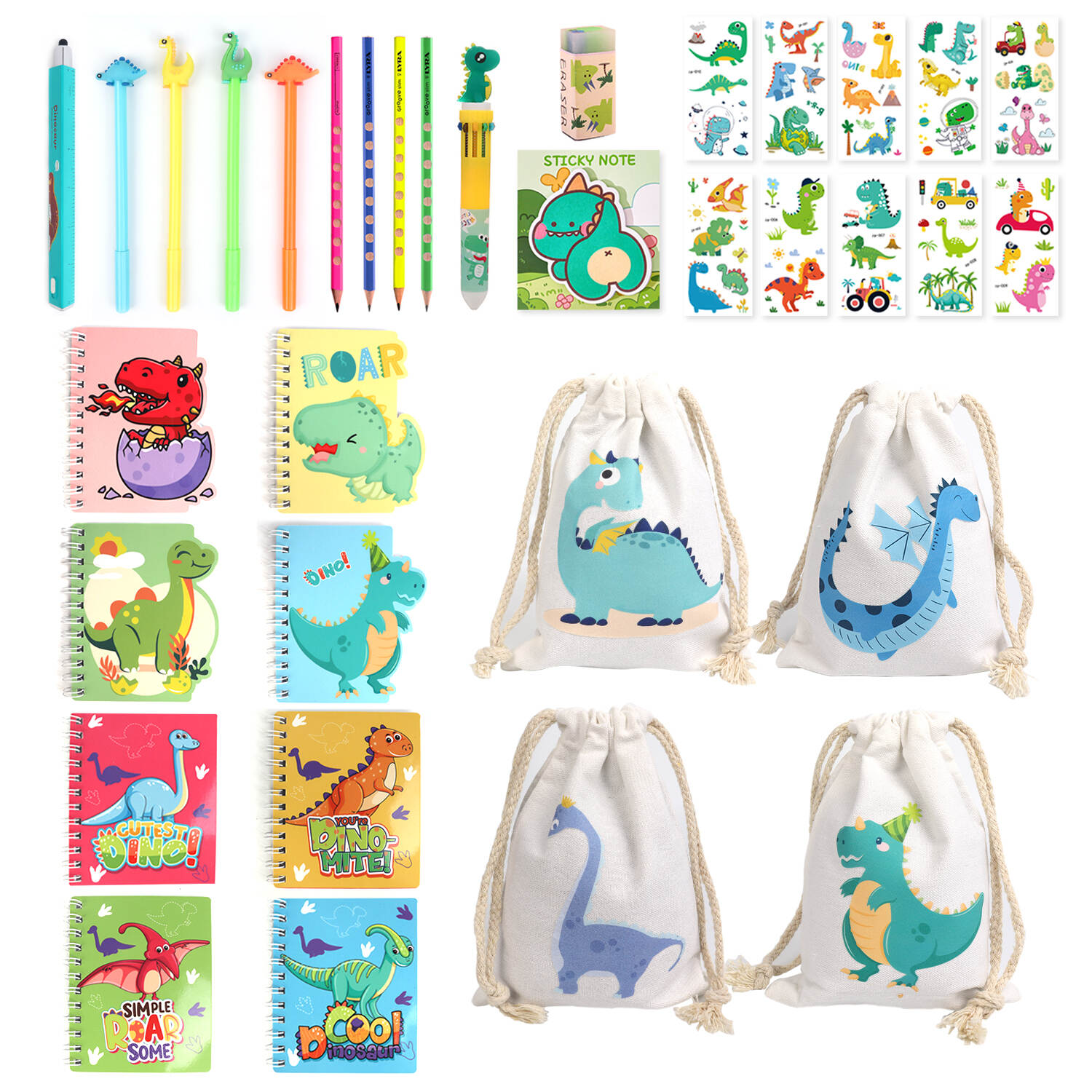 Kids Dinosaur Theme Study Gifts Set Dino Pen Pencil Eraser Canvas Bags Notepad