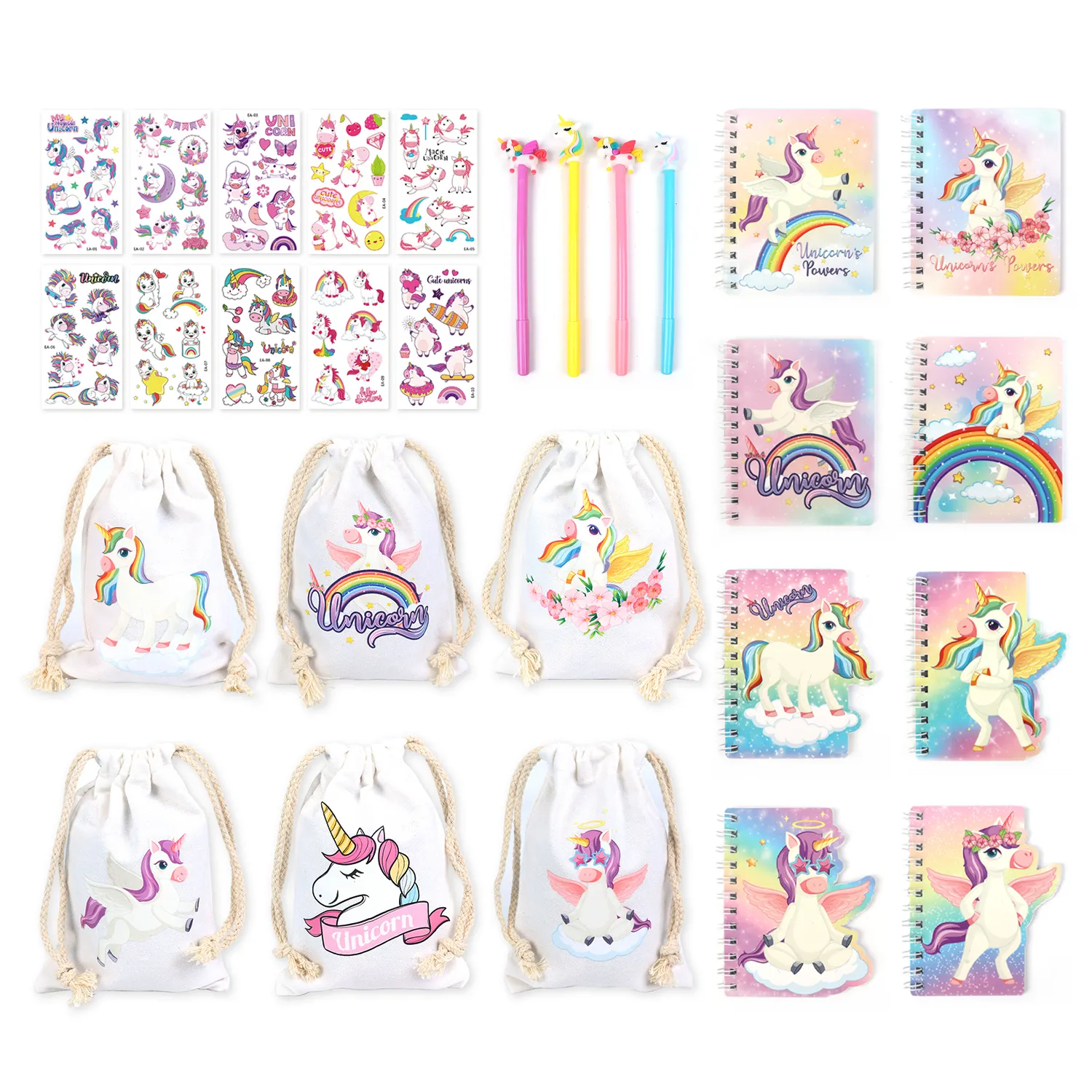 Unicorn Theme Kids Gift Set Unicorn Drawstring Treat Bags Tattoo Notebook Note Pad With Pen