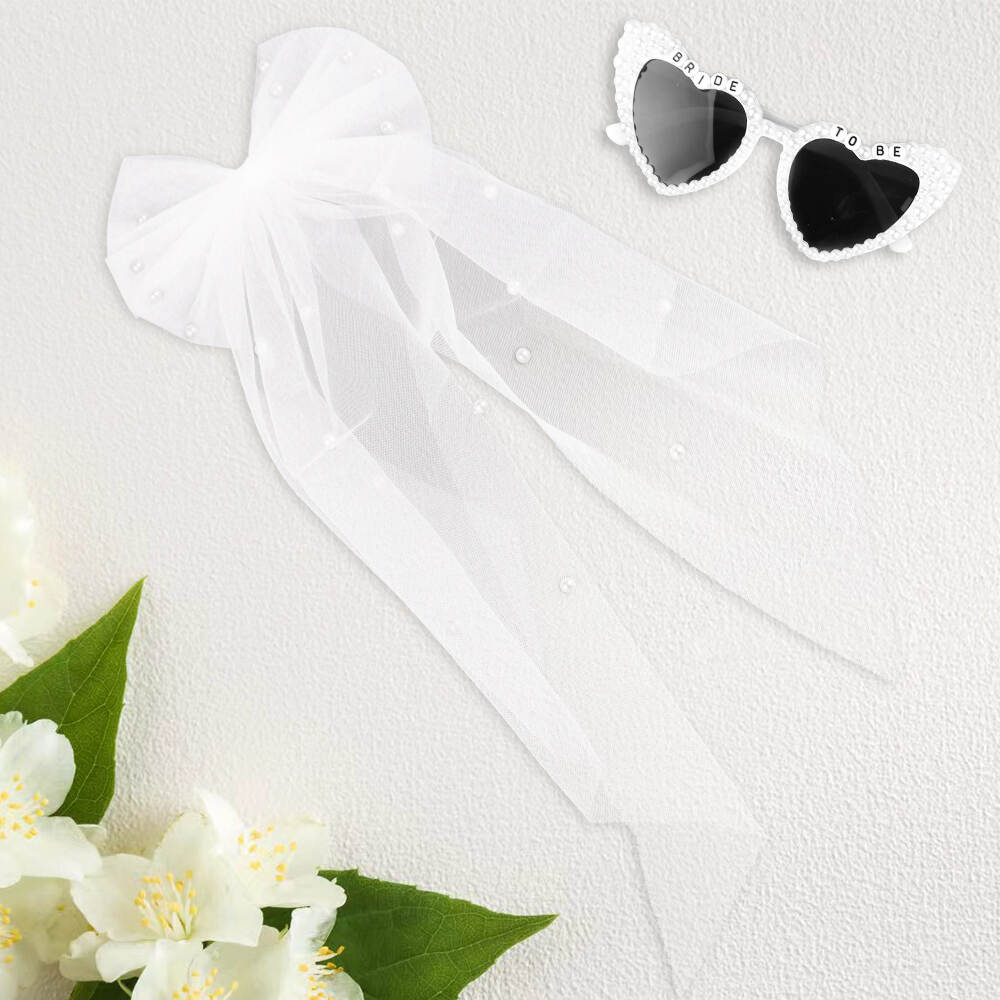 Wedding White Hairpin Veil with Bow Bride Veil Suglasses Set