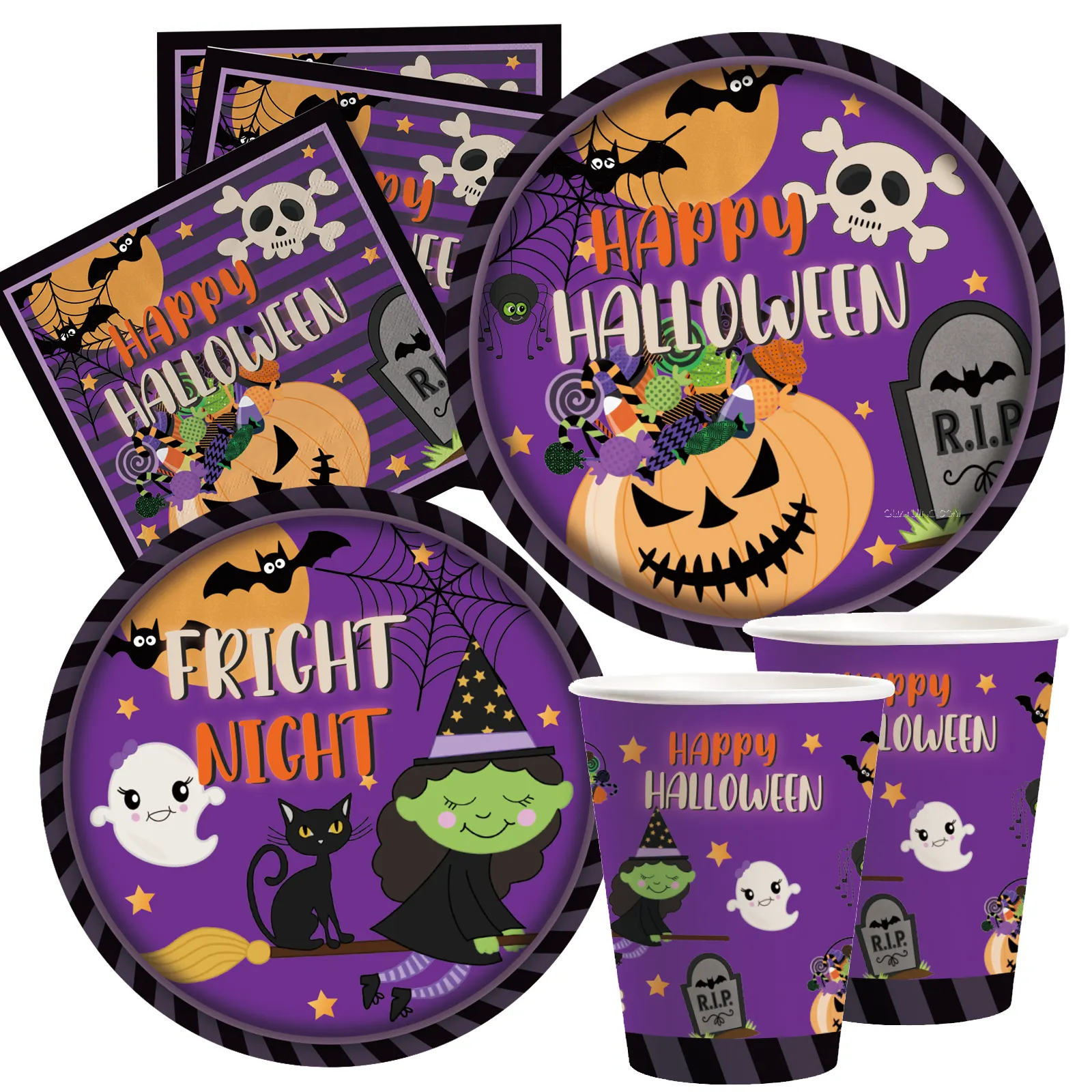 16Guests Halloween Party Disposable Tableware Paper Plates Cup Napkins