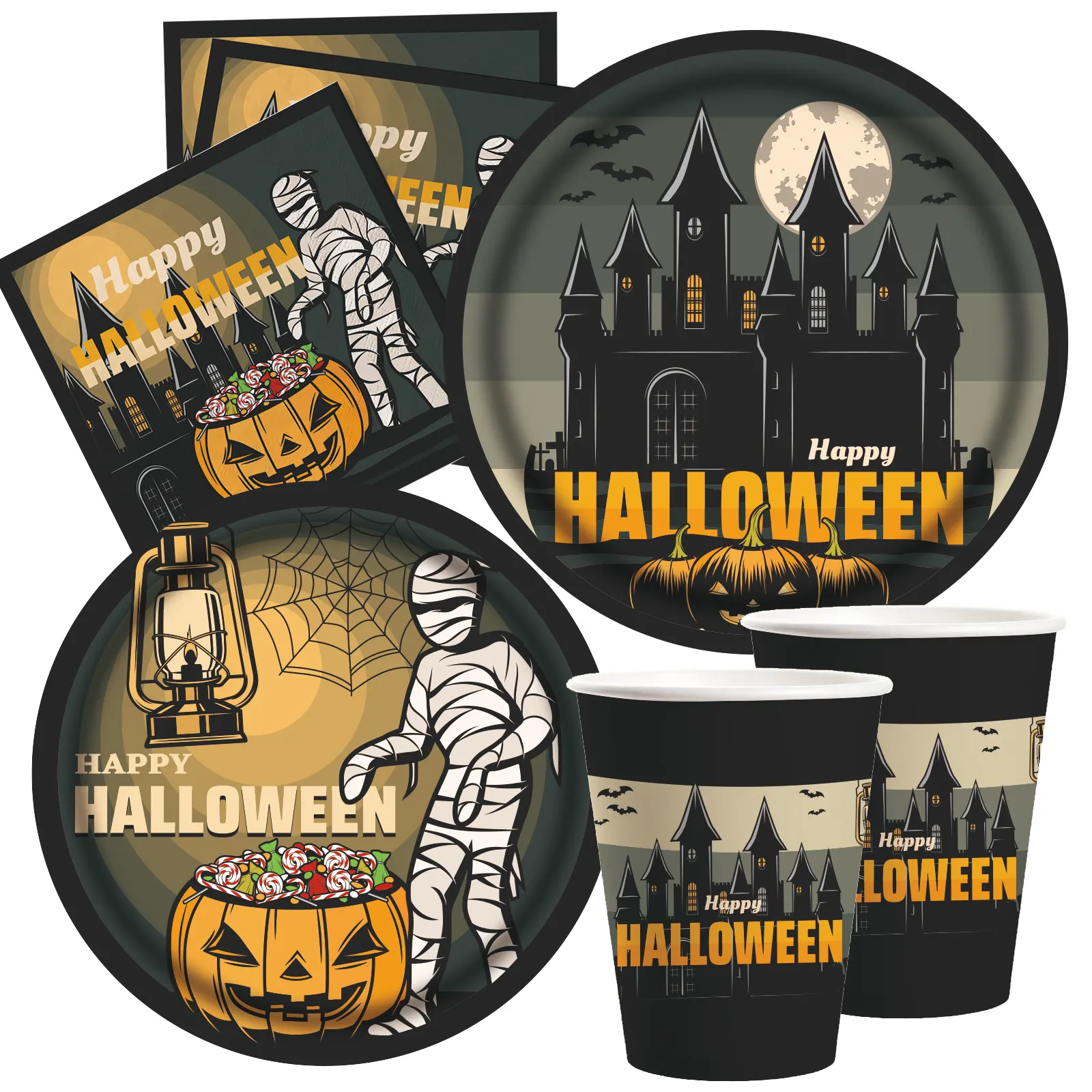 16guests Paper Plates Cups Napkins Happy Halloween Party Tableware Set