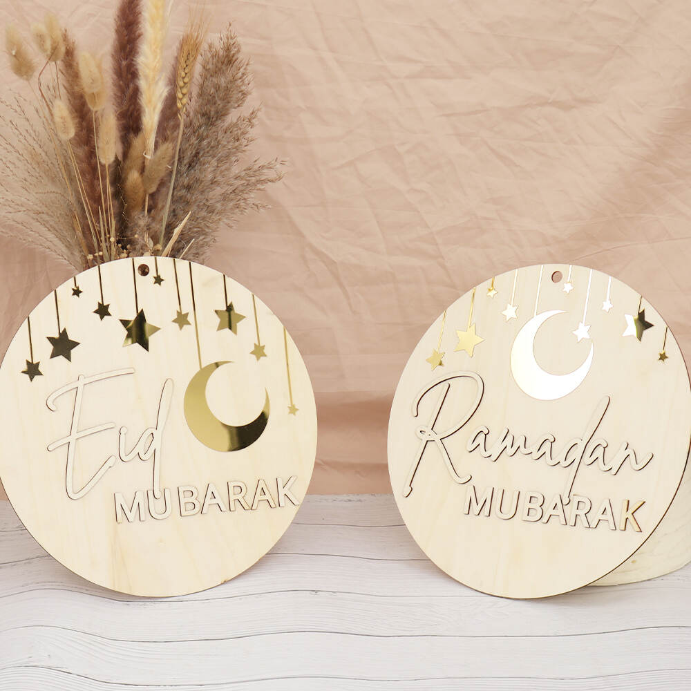 Double-side Eid Ramadan Round Ornament Wooden Hanging Pendants