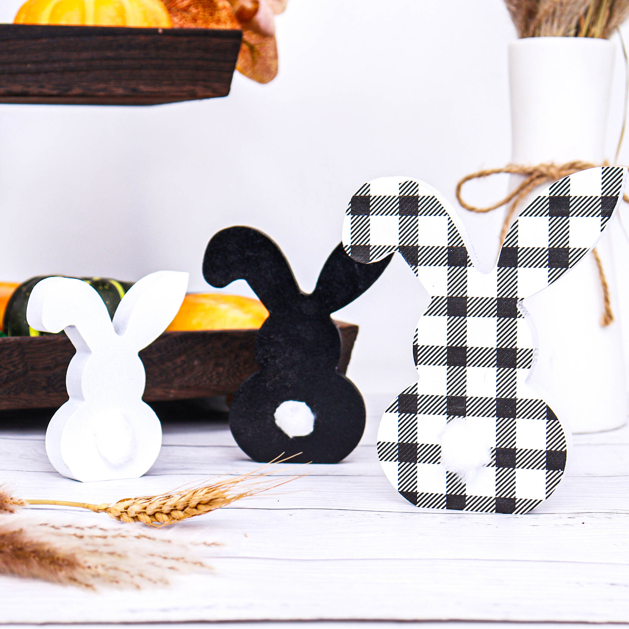 Black White Plaid Distressed Chunky Wooden Ornament Easter Bunny Blocks