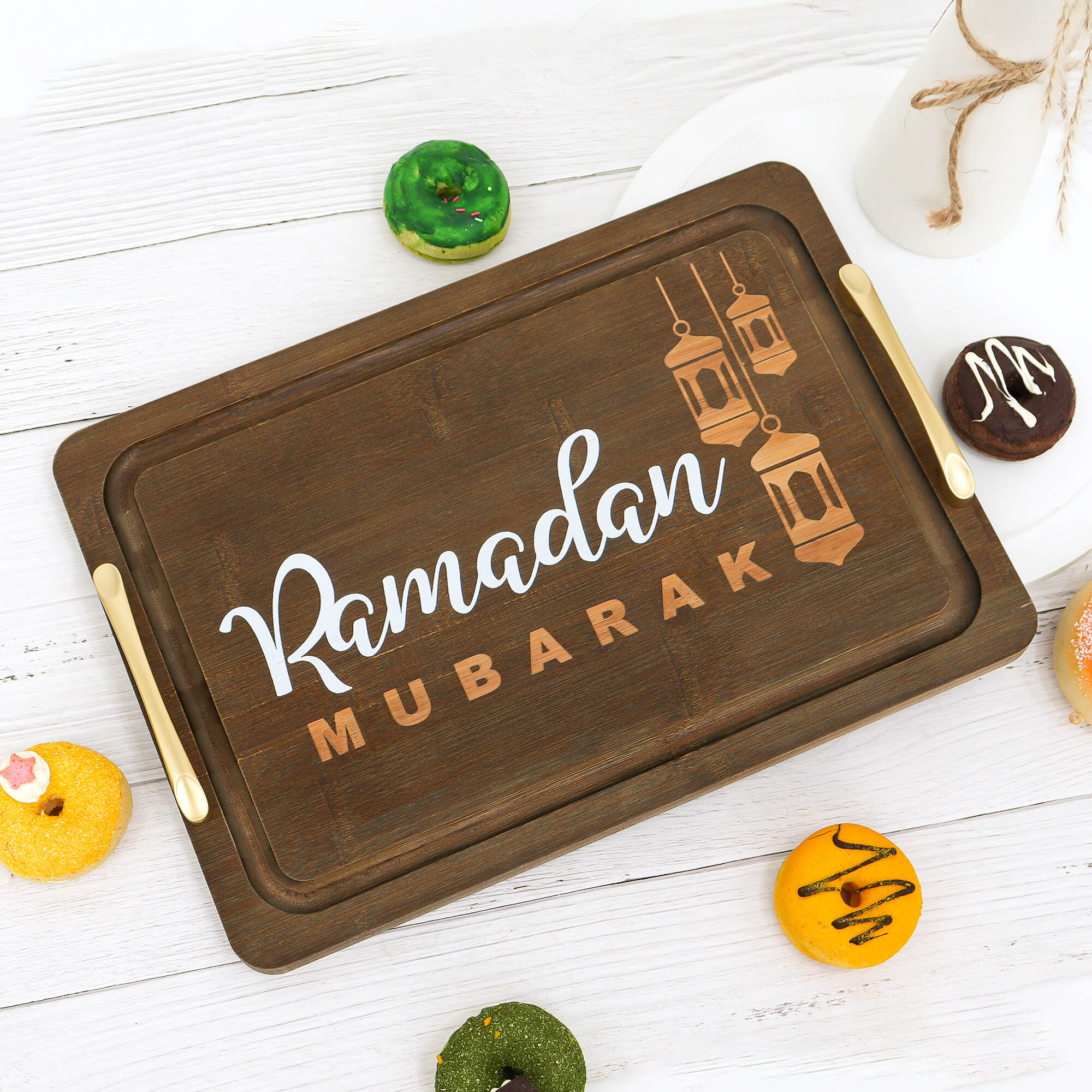 Bamboo Ramadan Mubarak Food Serving Tray with Handles