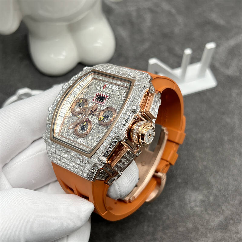 Brand: Richard Mille Model: RM011 Material: 18K rose gold set with natural diamonds (9k.14k gold/and lab-grown diamonds and Moissanite are available) Diameter: 40mm Movement: Imitation movement For pricing and more please contact my team