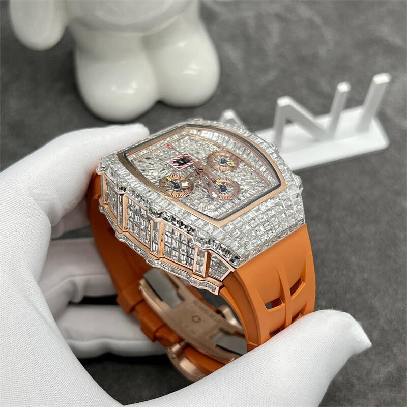 Brand: Richard Mille Model: RM011 Material: 18K rose gold set with natural diamonds (9k.14k gold/and lab-grown diamonds and Moissanite are available) Diameter: 40mm Movement: Imitation movement For pricing and more please contact my team