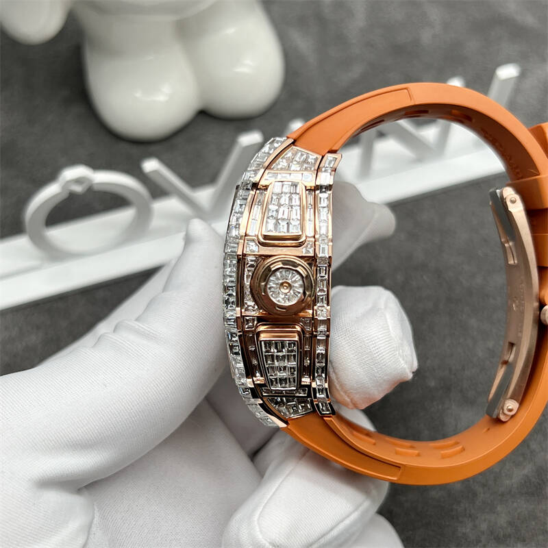 Brand: Richard Mille Model: RM011 Material: 18K rose gold set with natural diamonds (9k.14k gold/and lab-grown diamonds and Moissanite are available) Diameter: 40mm Movement: Imitation movement For pricing and more please contact my team