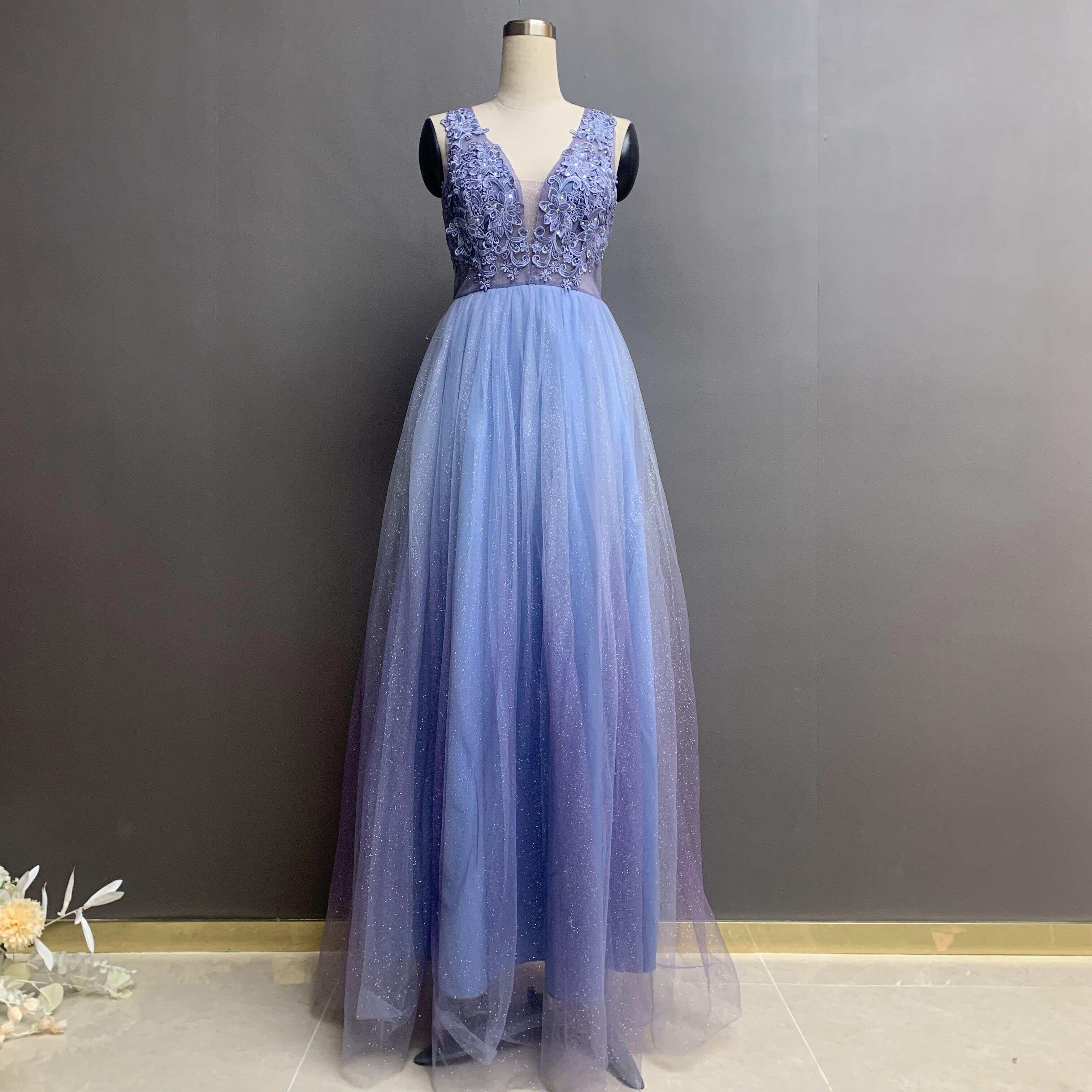 Rhinestone heating floral applique galaxy tulle prom dress