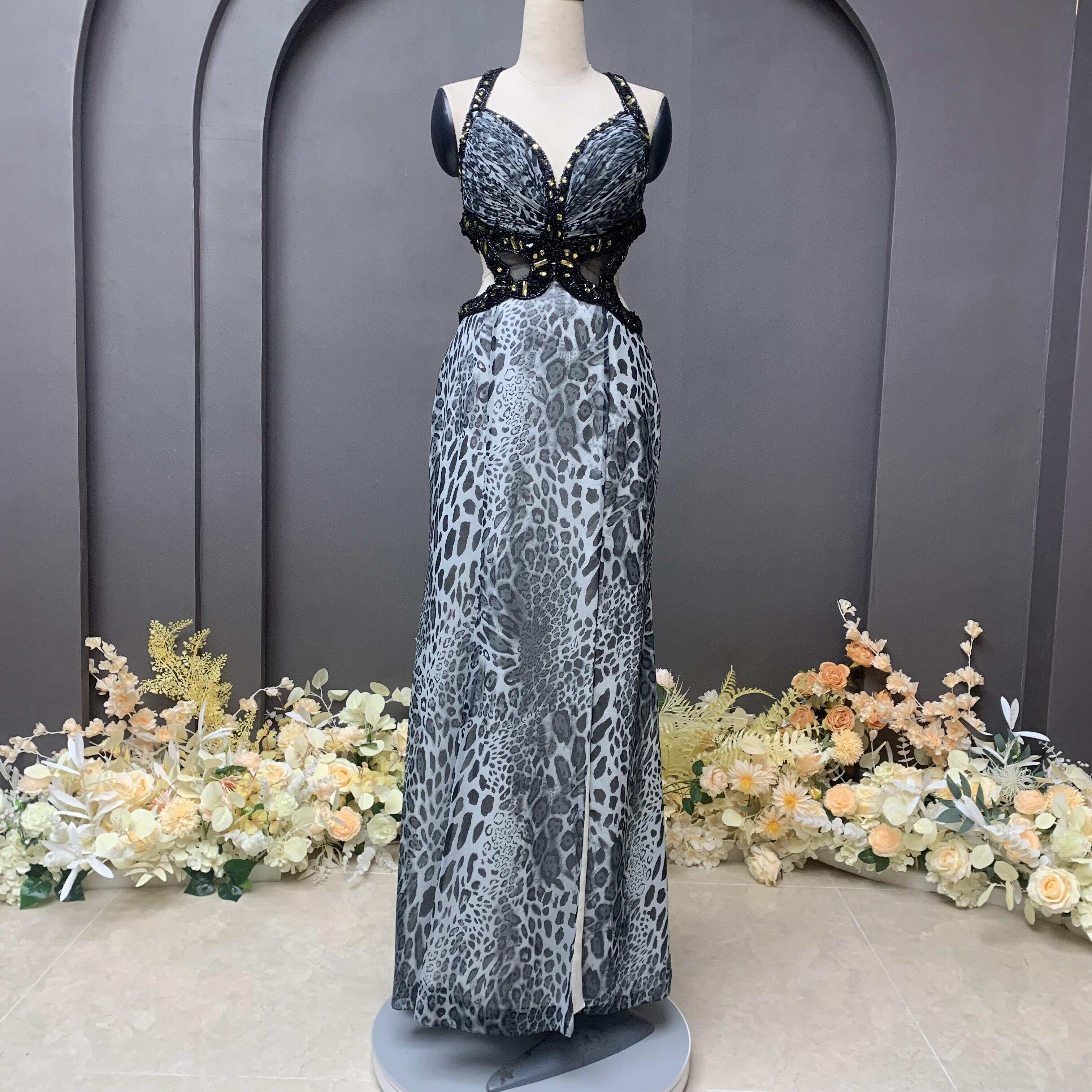 Hand made rhinestone beaded pleat chest leopard print evening dress