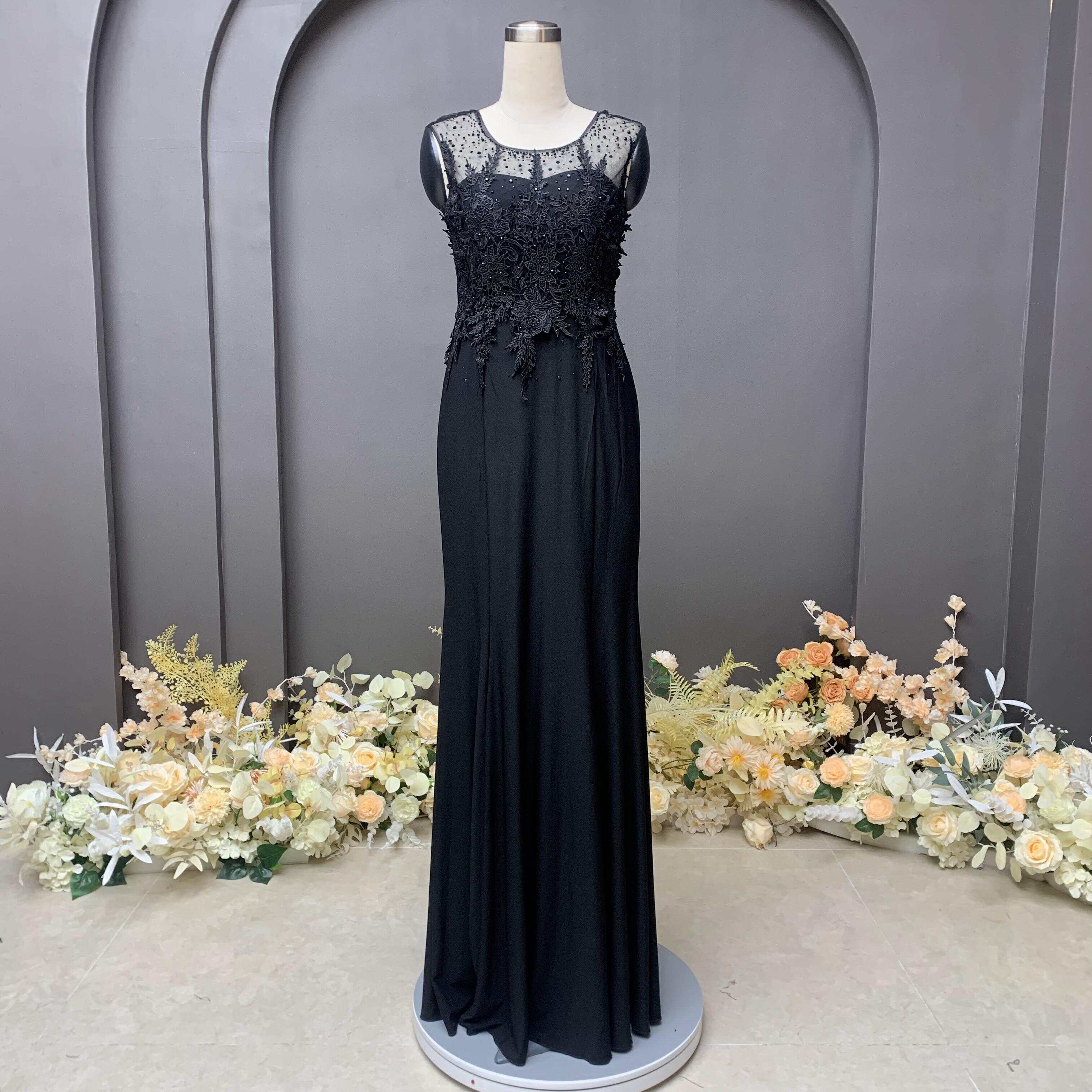 Applique floral lace trim rhinestone heating chiffon evening dress