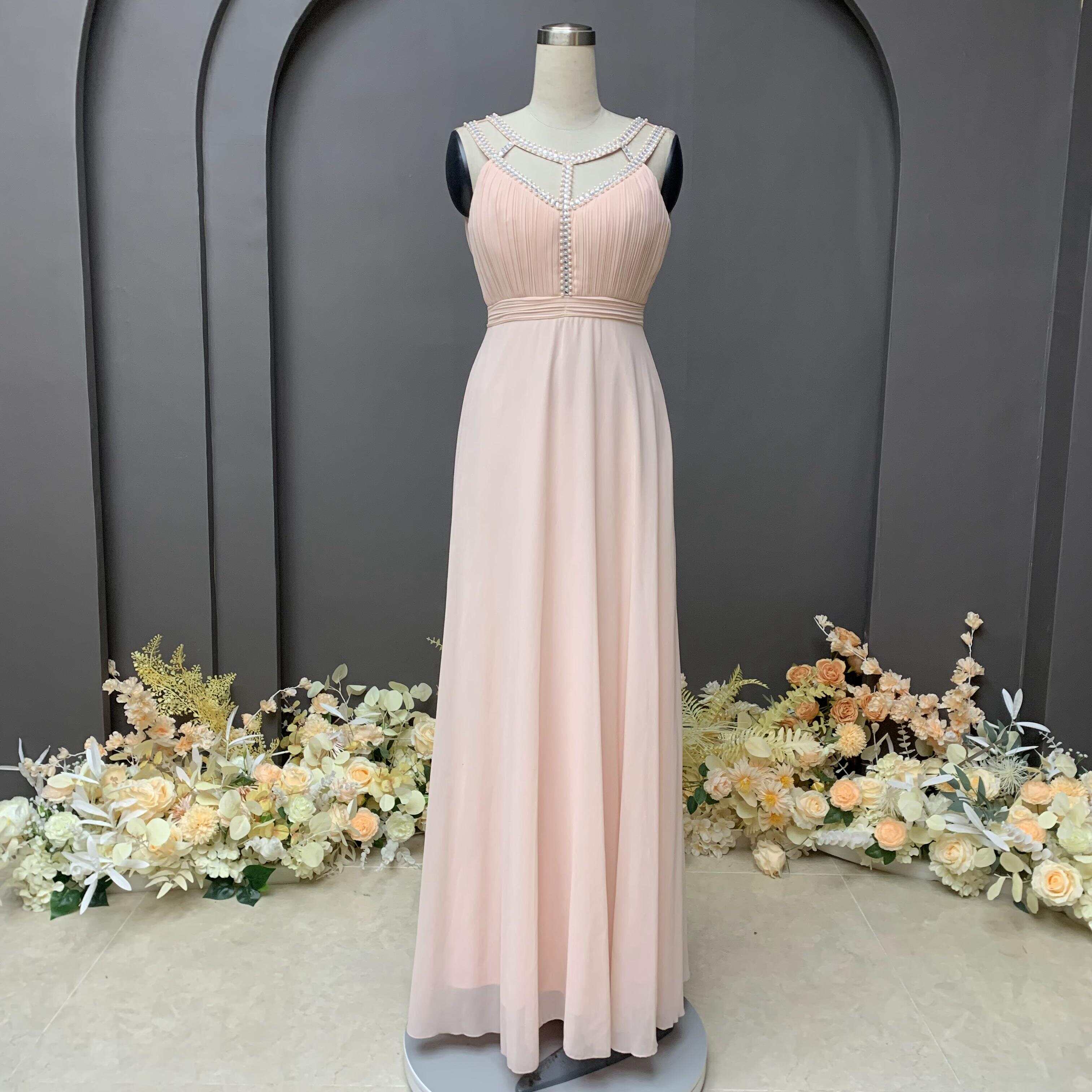 Hand made rhinestone and pearl beaded pleat detail chiffon evening dress