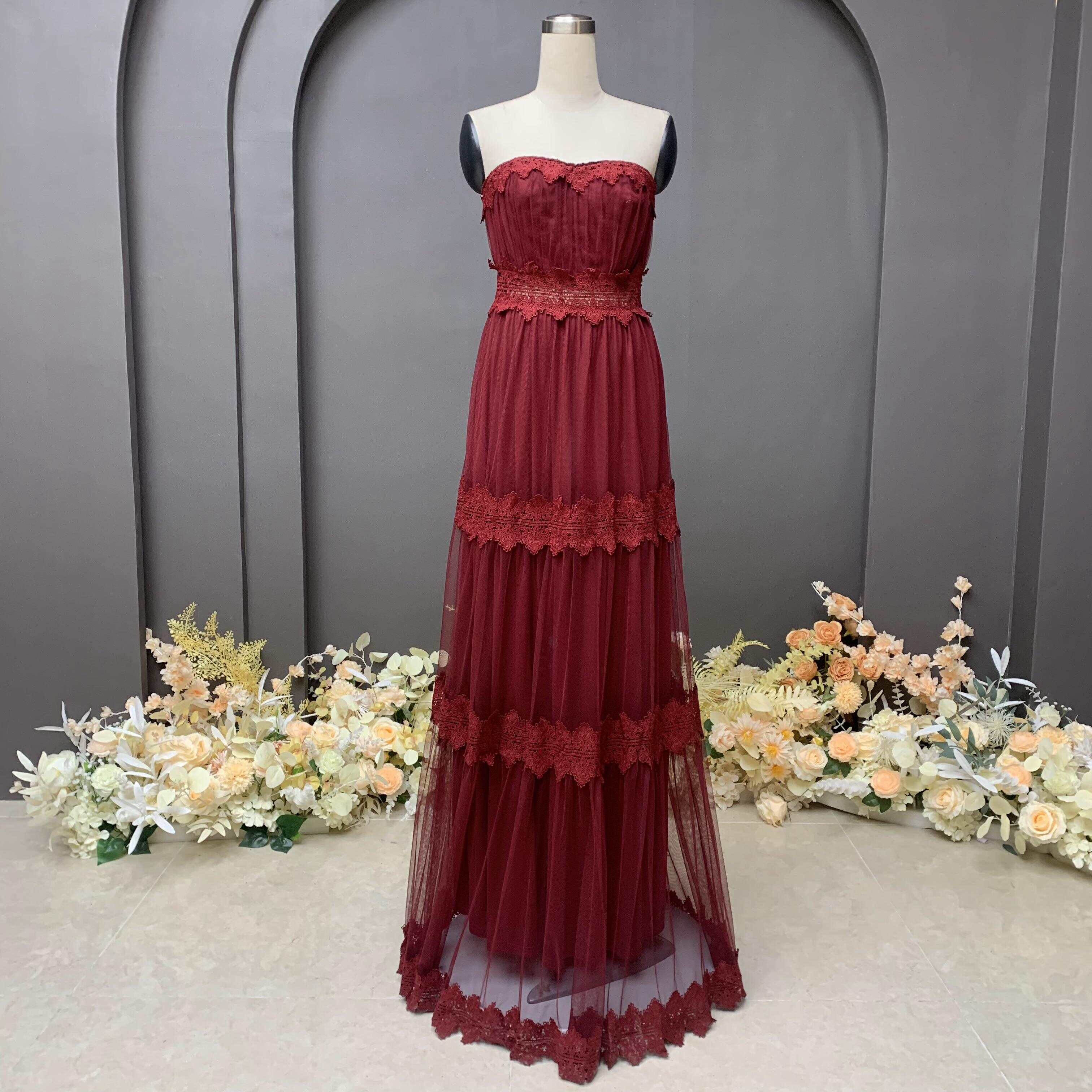 Strapless floral lace trim mesh evening dress