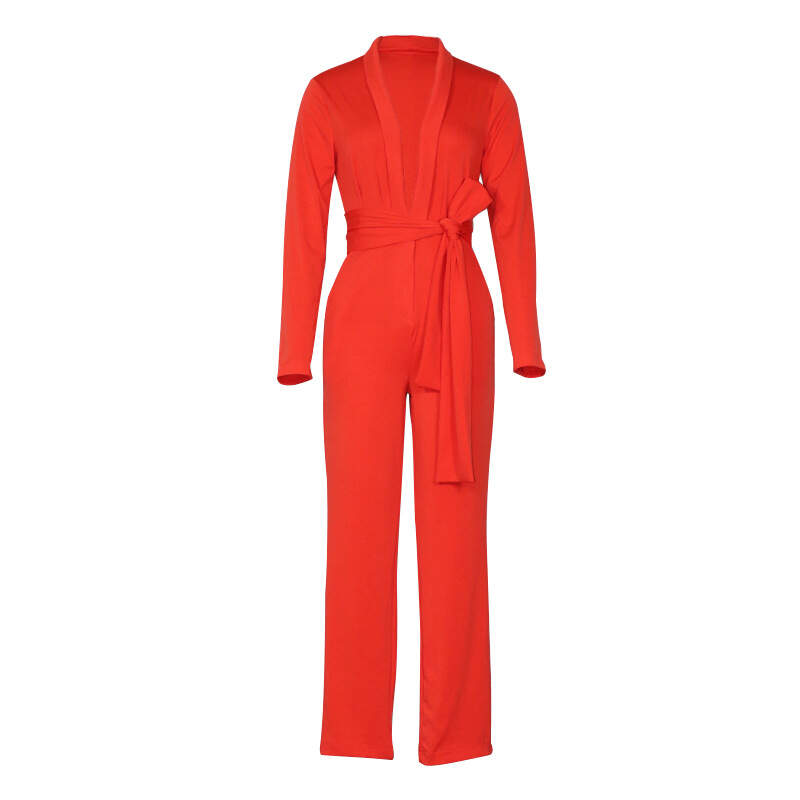 Deep V neck long sleeve elegant jumpsuit