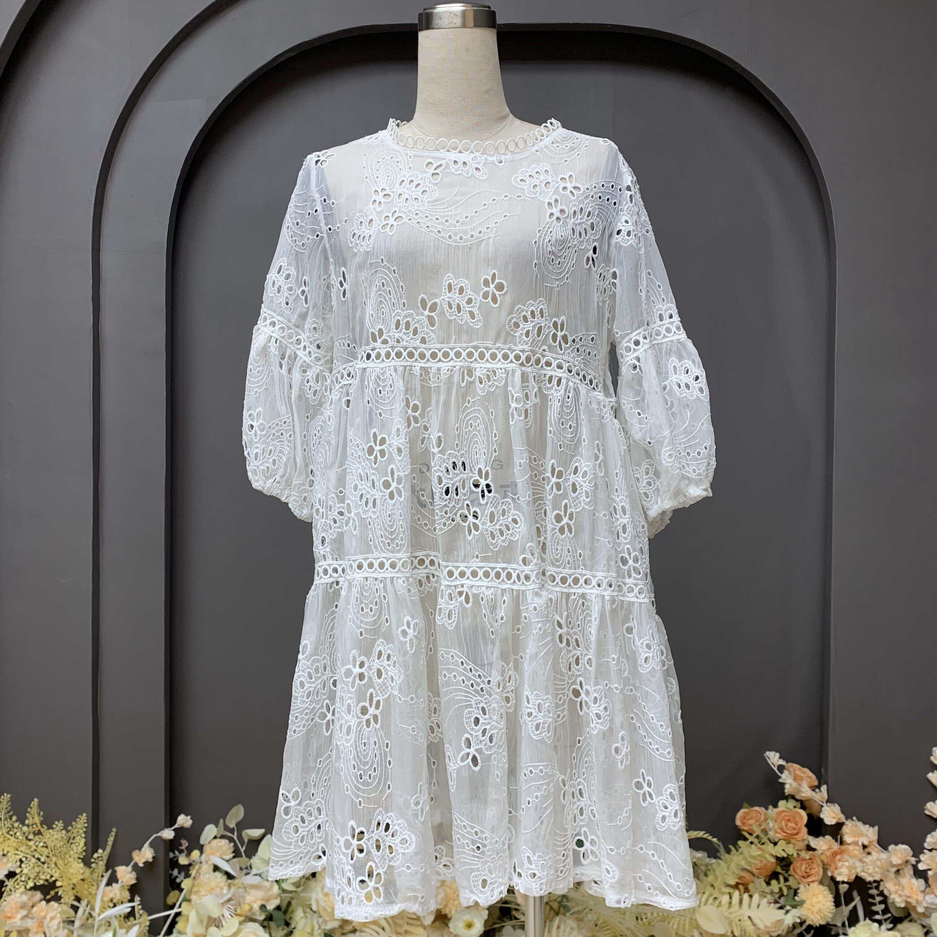 Floral embroidery eyelet 3/4 sleeves dress