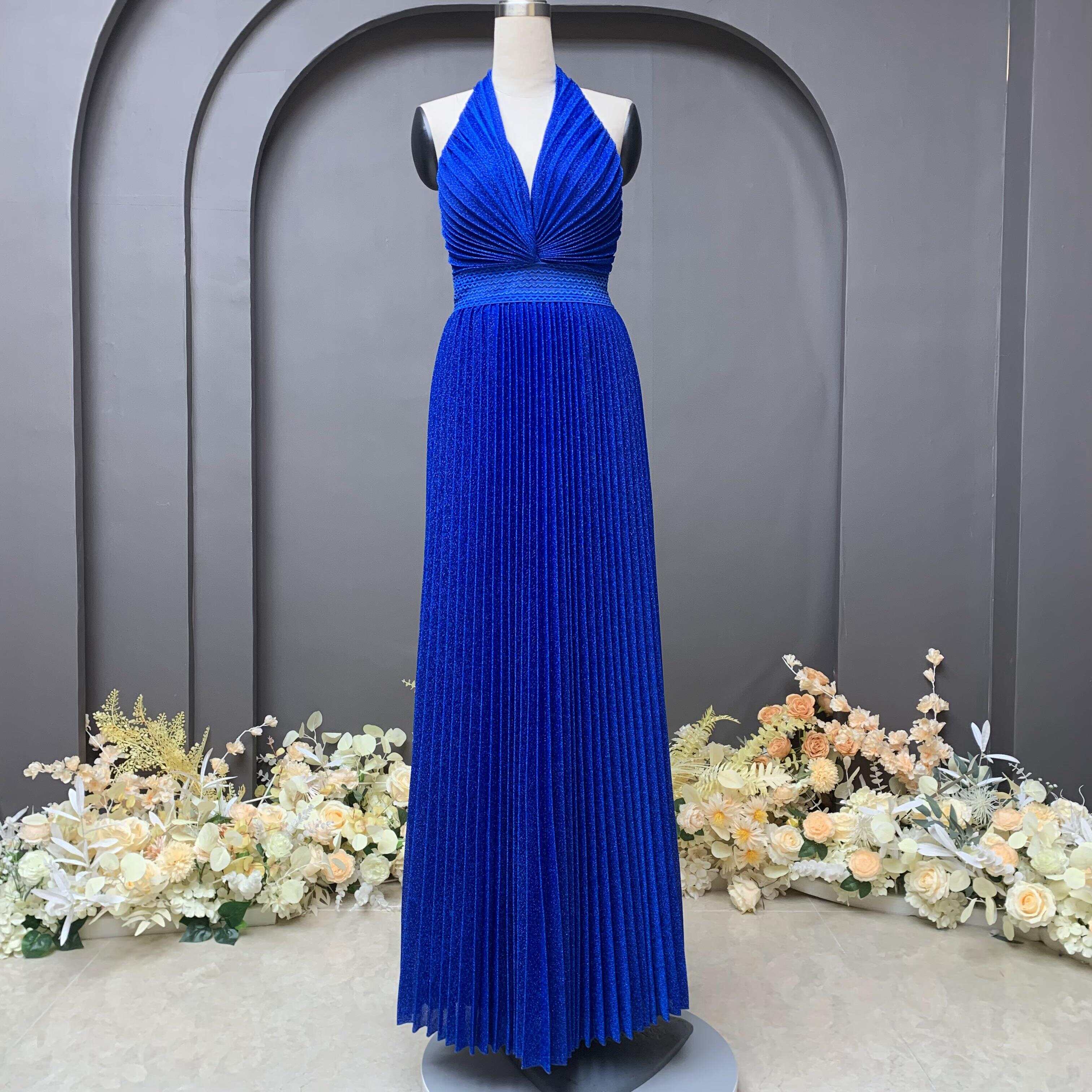 Galaxy fabric pleat design halter backless evening dress