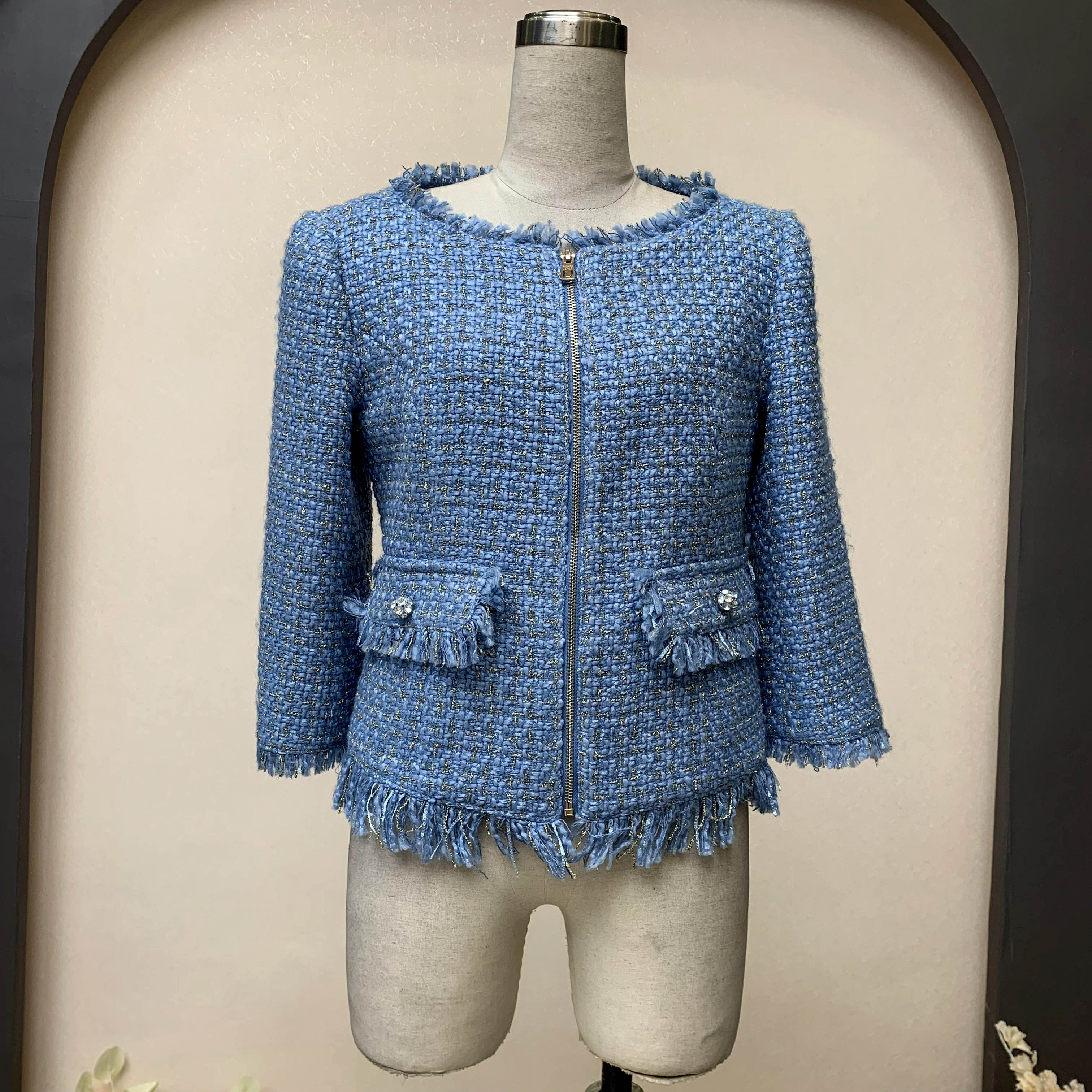 Light blue tweed women jacket