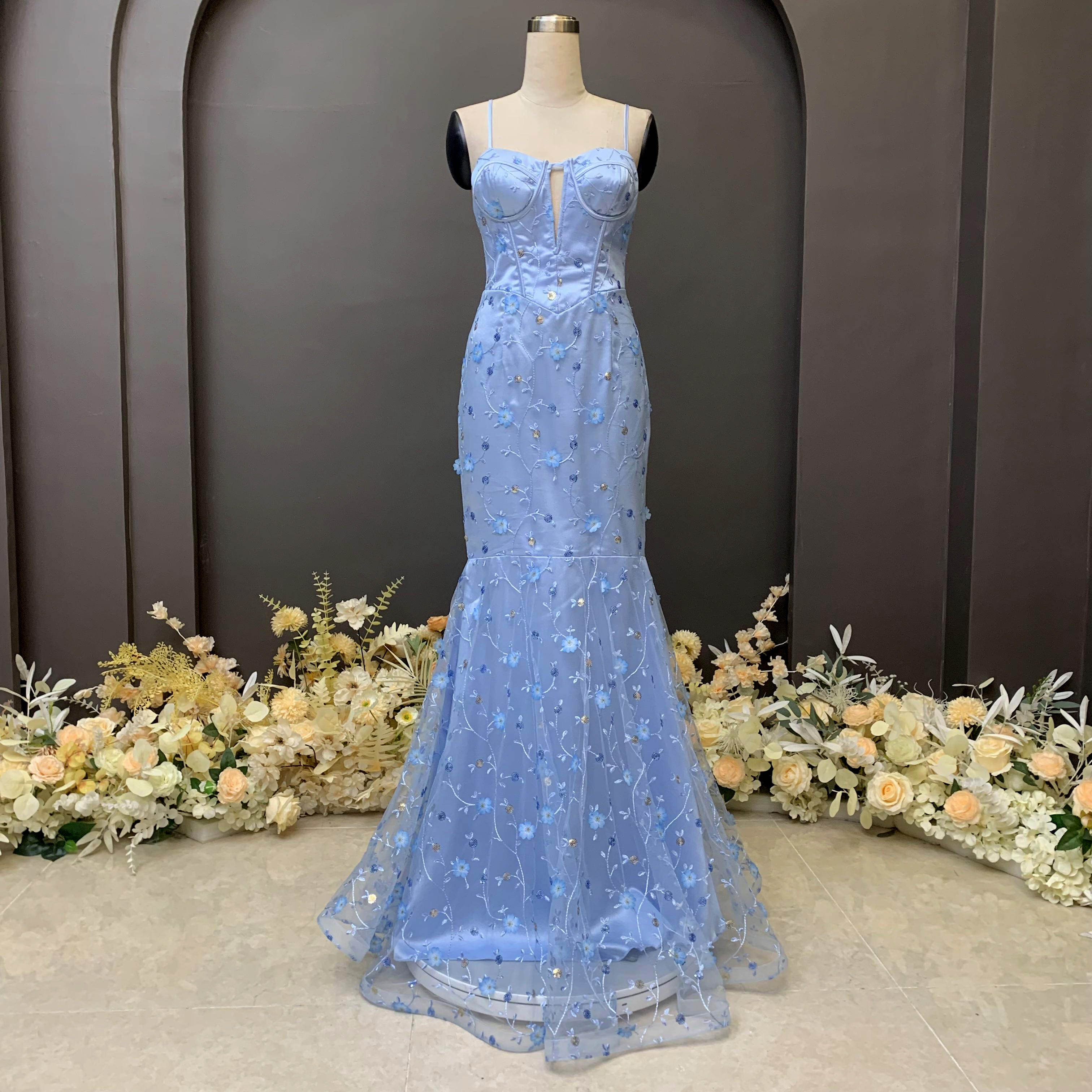 3D flower sequin embroidered mermaid prom gown