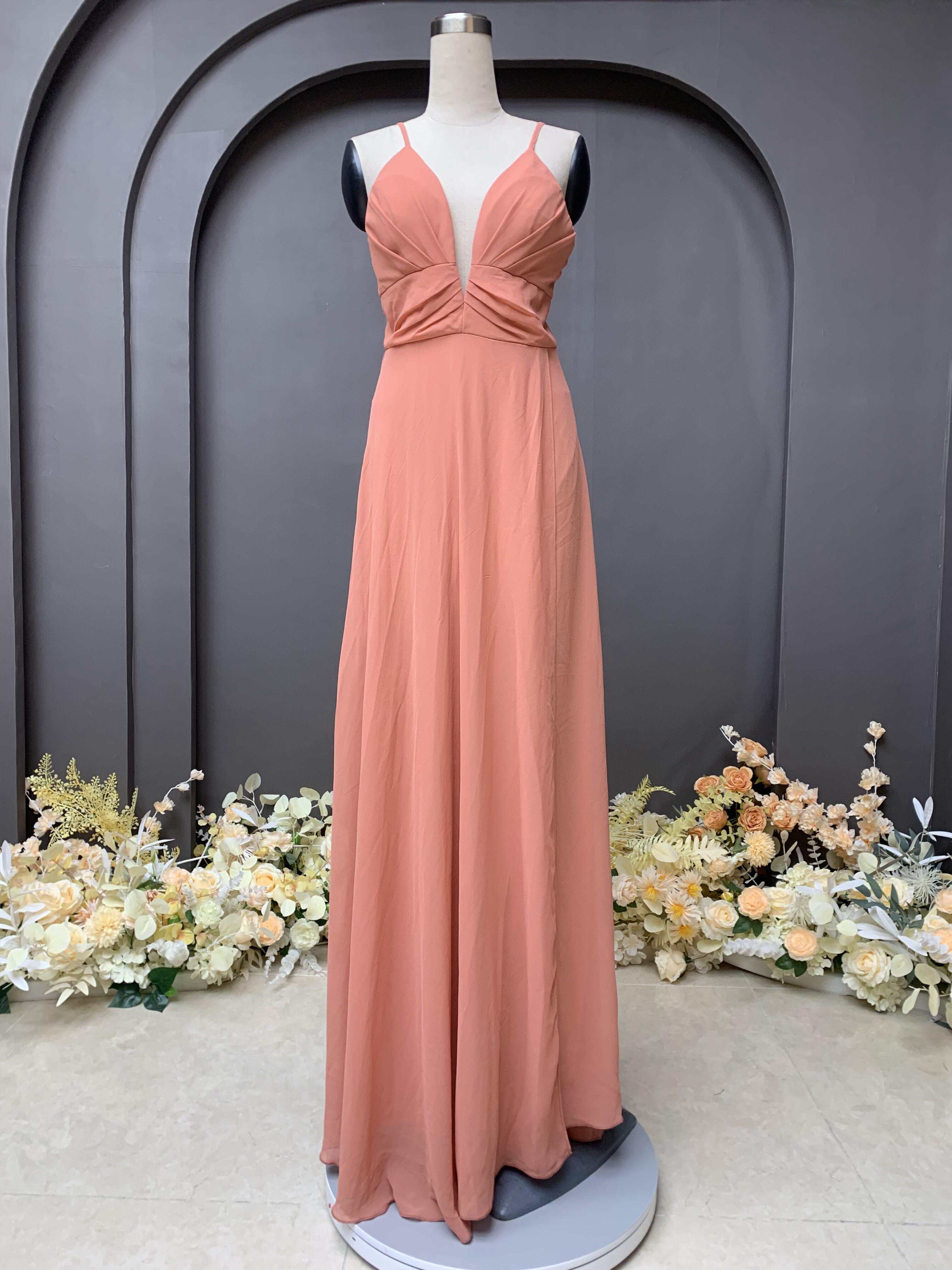 Deep V neck pleat design chiffon evening dress