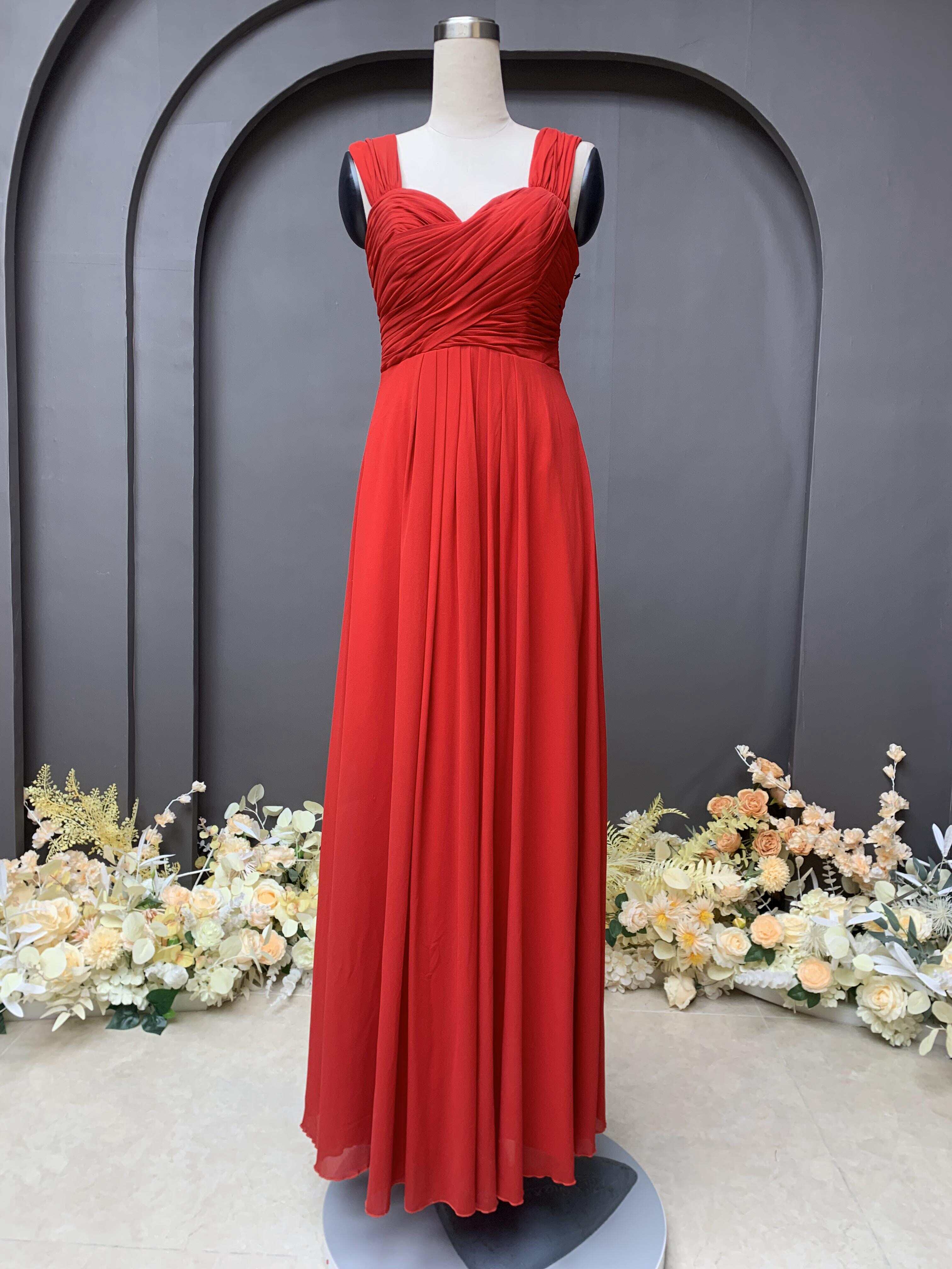 Pleat design sweat heart neckline red chiffon evening dress