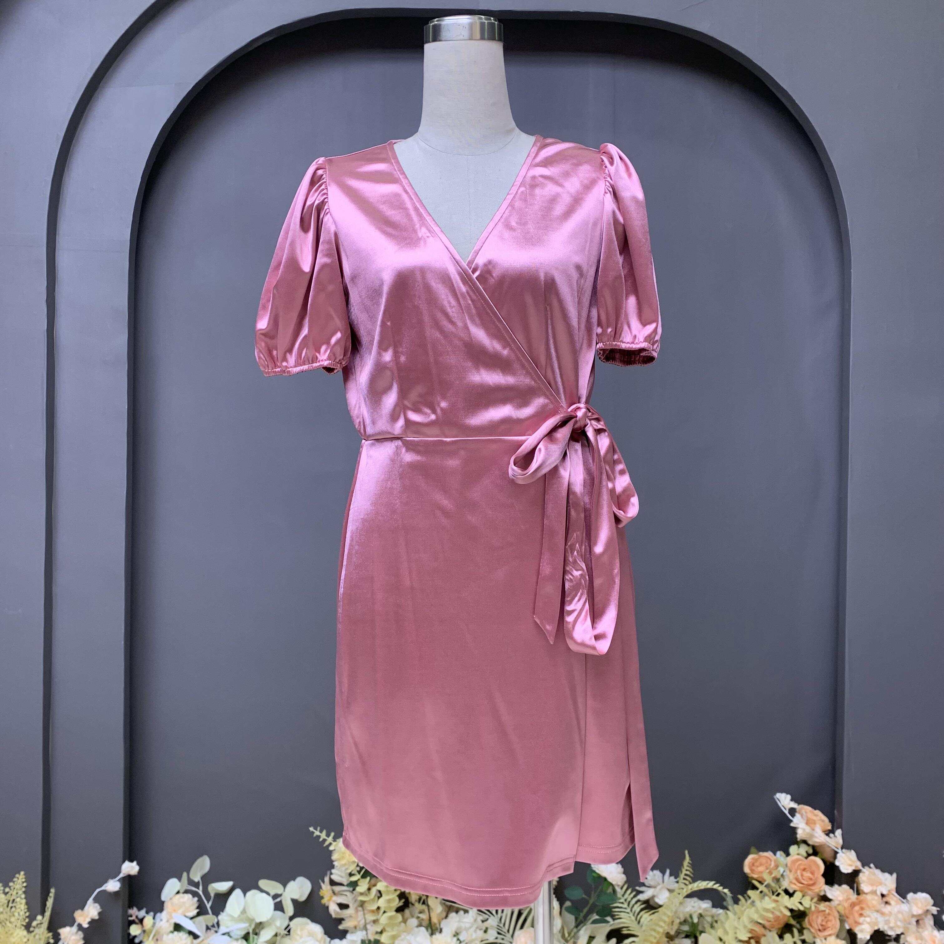 V neck wrap and tie satin dress