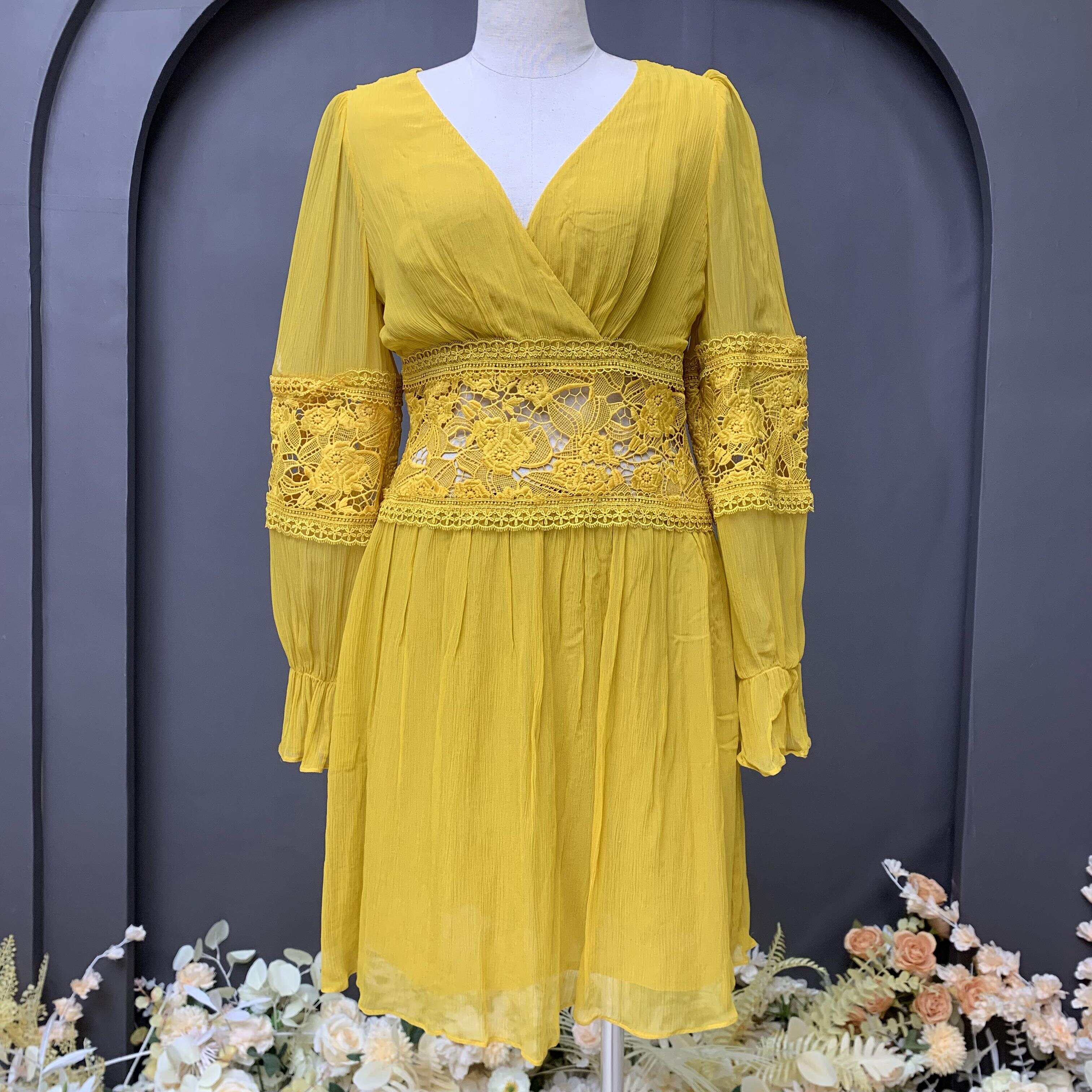 V neck floral lace crepe slik long sleeve casual dress