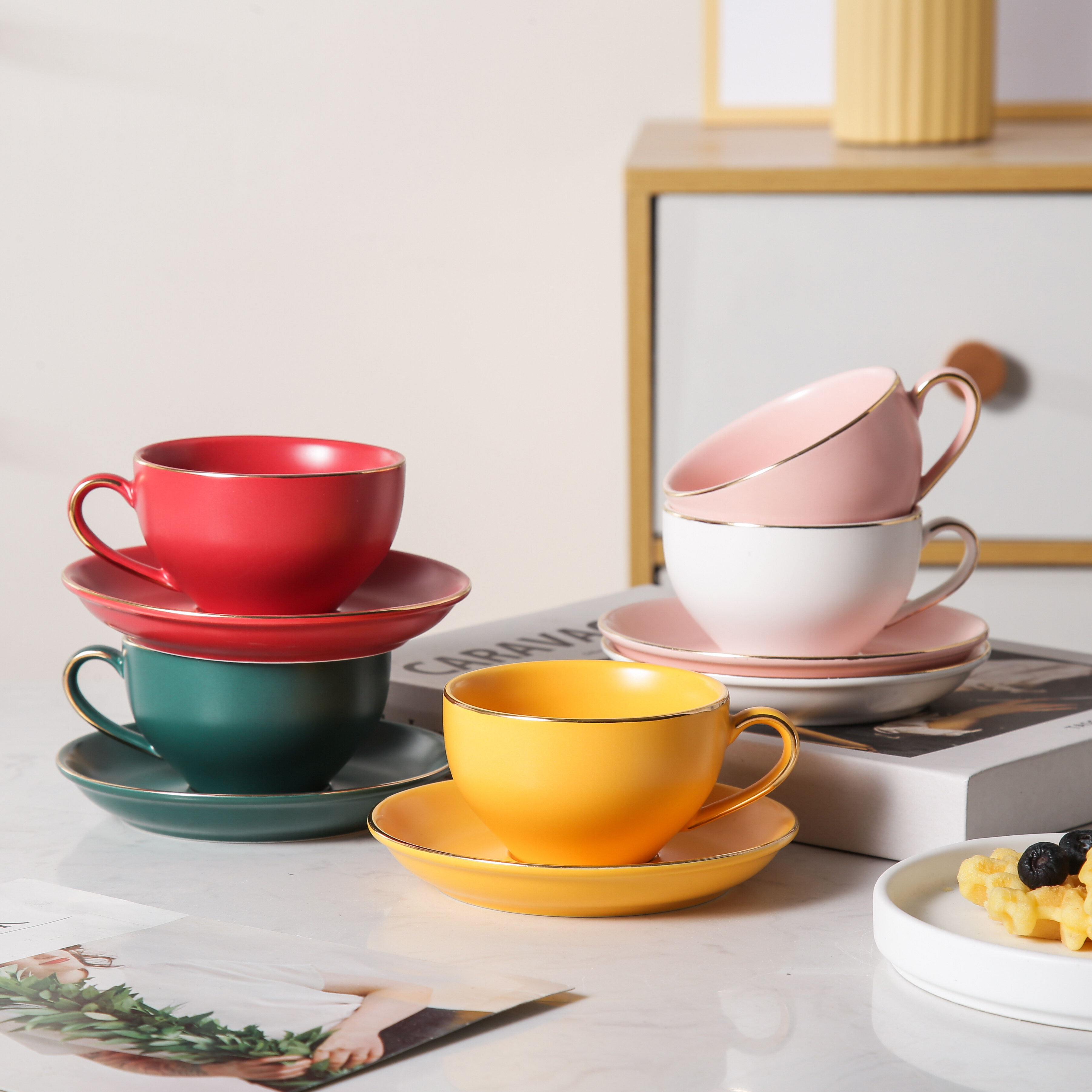 Colorful Ceramic Coffee Cup And Saucer Set