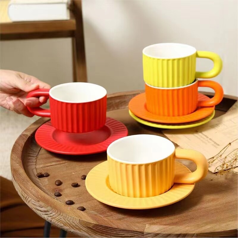 Colorful Vertical Stripe Ceramic Coffee Cup And Saucer Set With Big Ears Handle