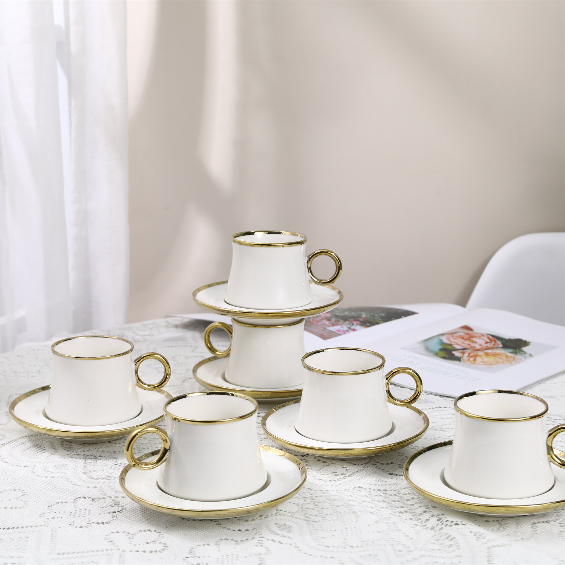 12 Pieces Gold-Rimmed White Cup And Saucer Tea Set For Gift Box Packing