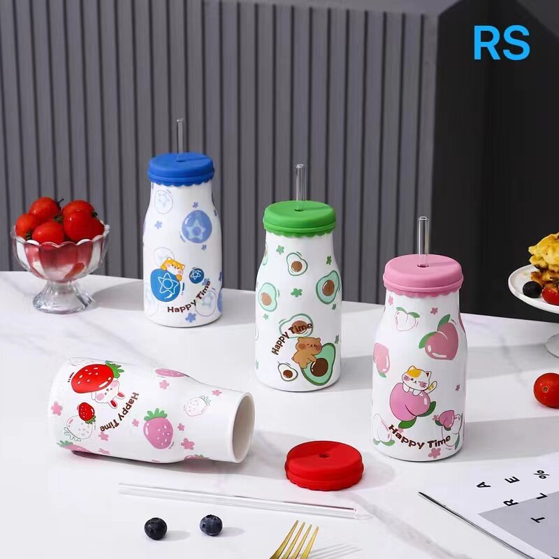 Milk Bottle Ceramic Cup With Silicone Lid