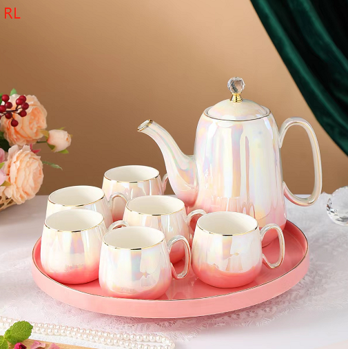 Nordic Large Capacity Pearl Glaze Ceramic Tea Cup Set With Whales Relief Tea Pot