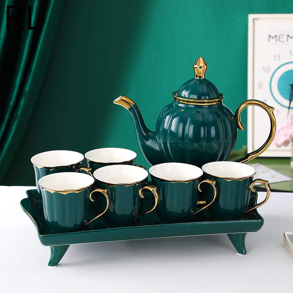 European Light Luxury Ceramic Tea Set Color Box Packing Of 6 Cup And Tray With Tea Pot