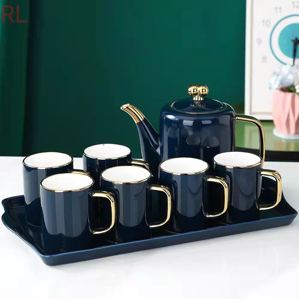 8 Piece Ceramic Tea Pot Set With Gold Rim Tea Cups And Tray Gift Box Packing