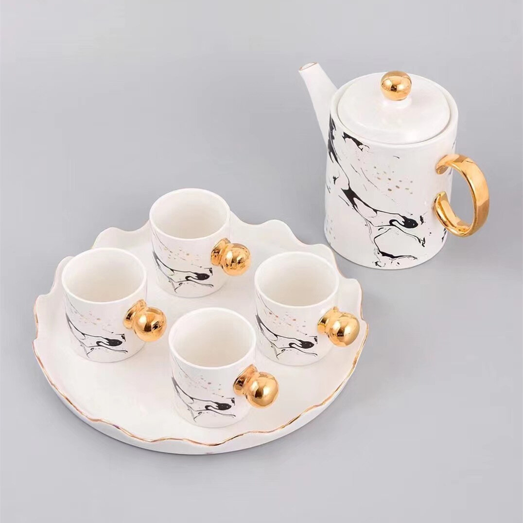 Chinese Style Gold Plate Teacup Set with Ink Painting