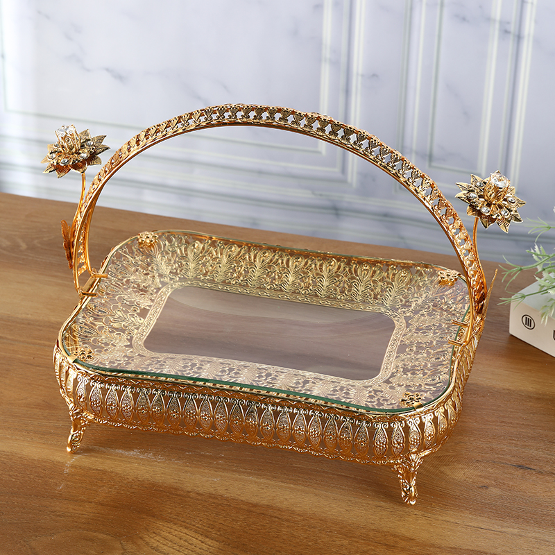 glass fruit basket, golden metal dry fruit tray, fruit tray