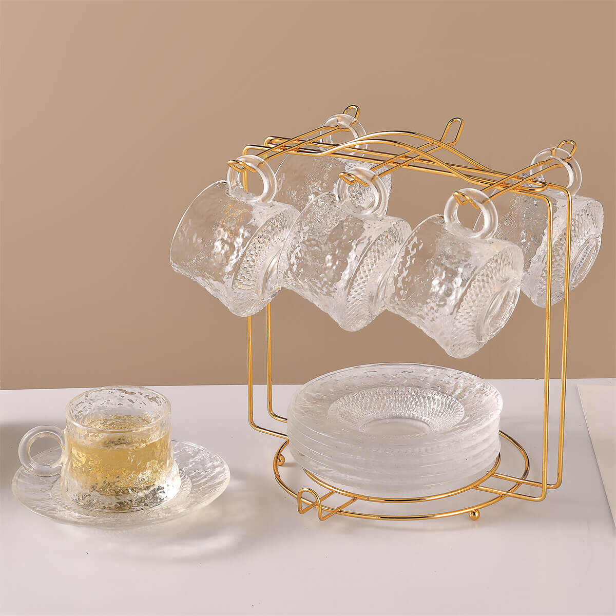 glass tea cup with saucer, transparent cup tea, cup and saucer set