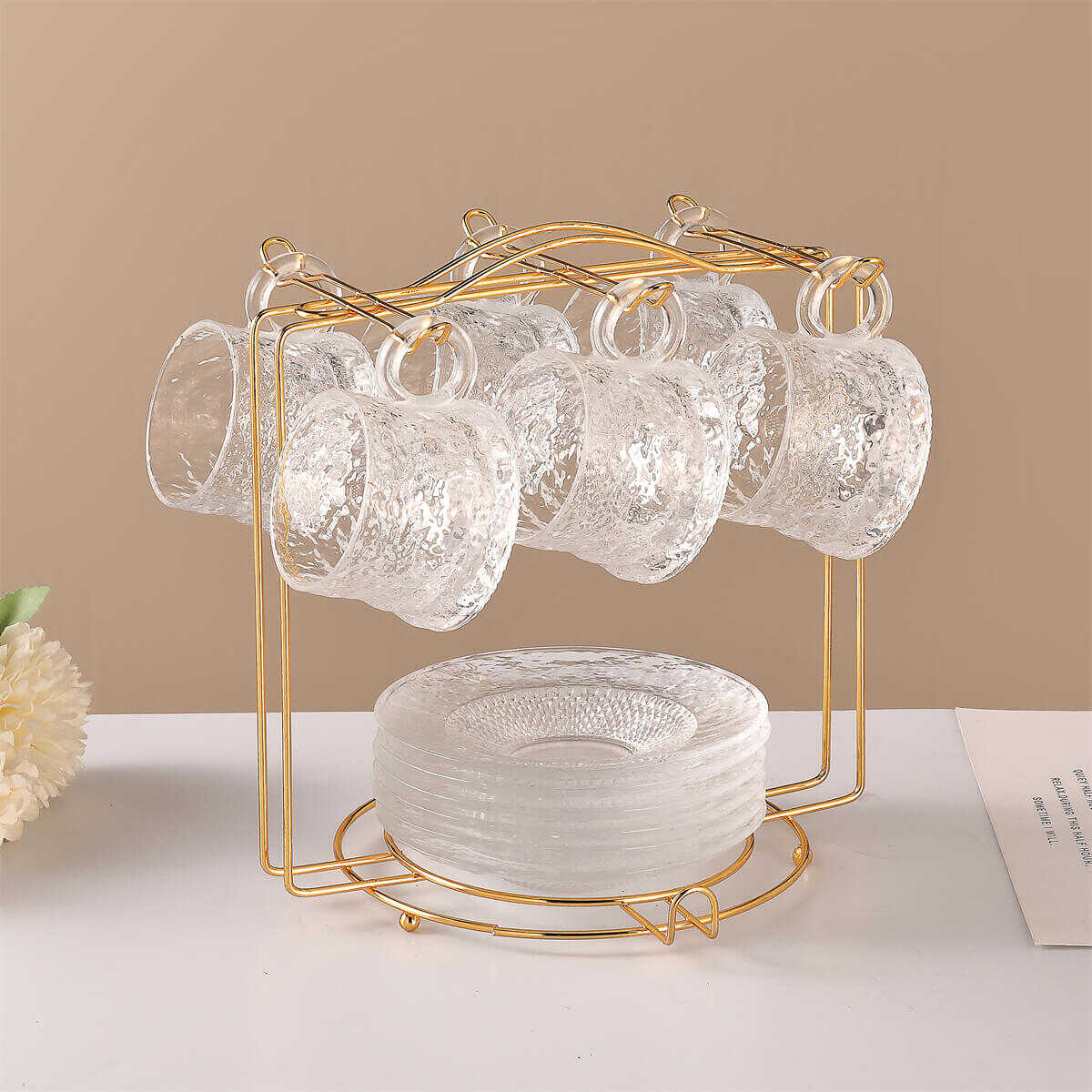 Modern Glass Tea Cups With Saucers And Display Stand