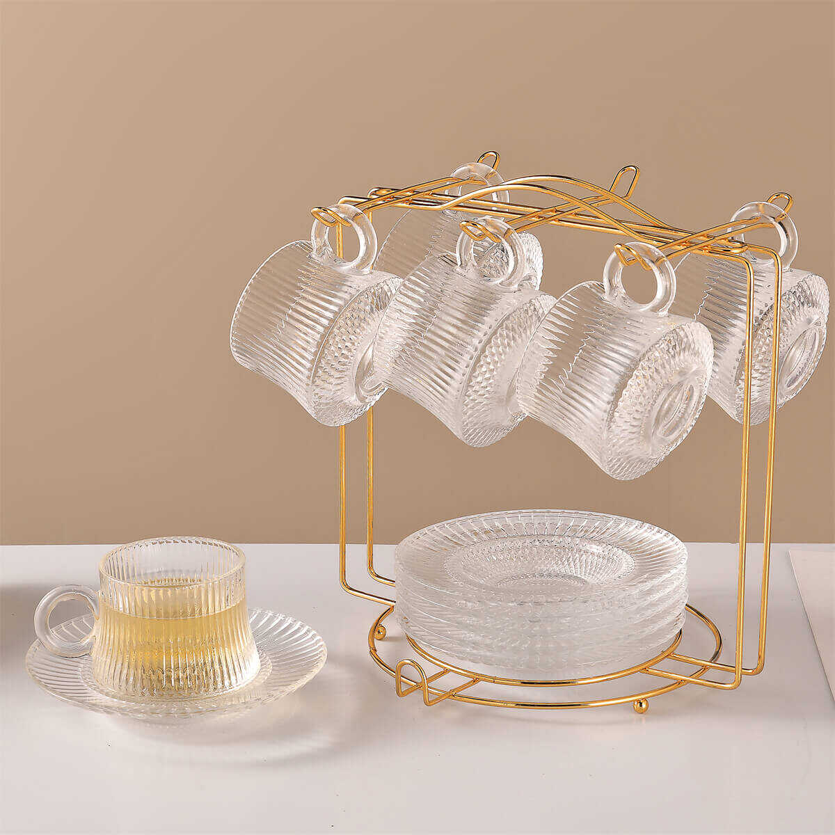 glass tea cup with saucer, transparent cup tea, cup and saucer set