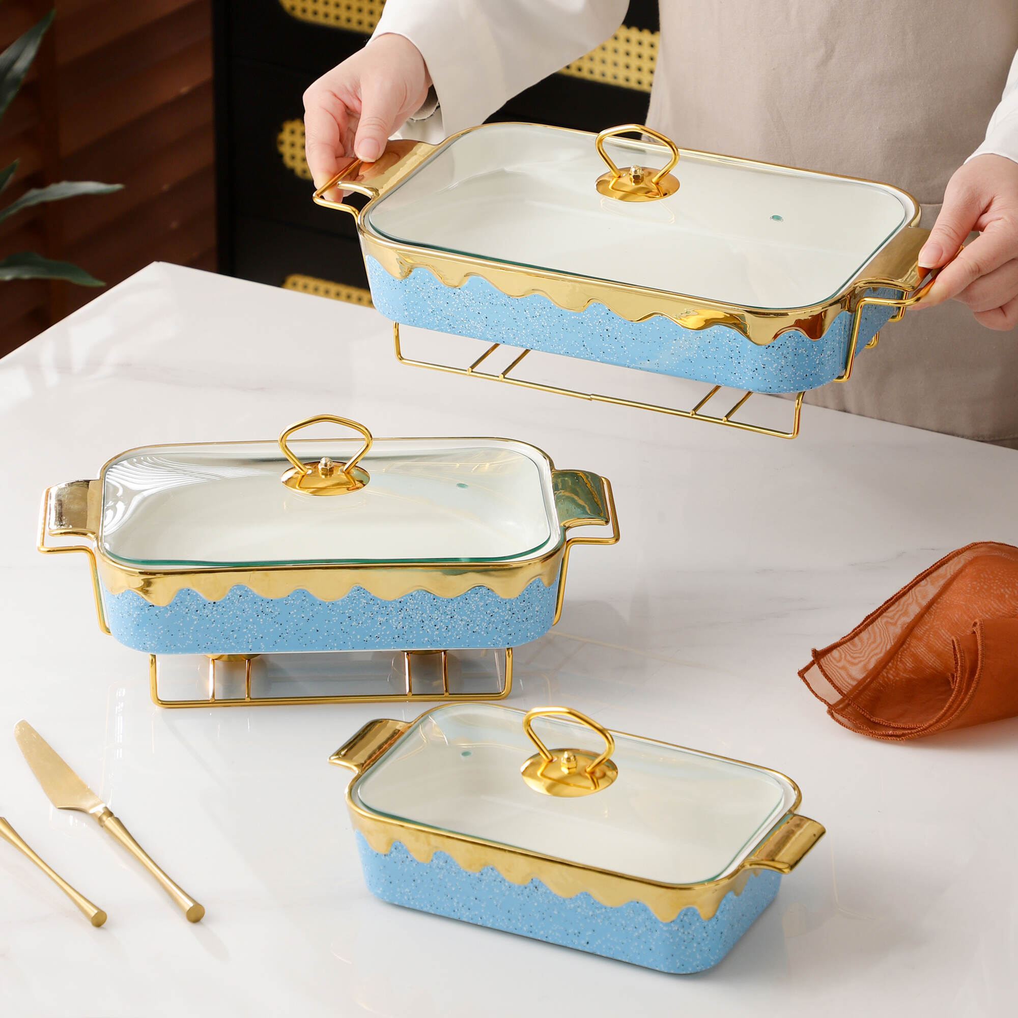 Ceramic Chafing Dish for Buffet,Rectangular Catering Casserole for Party Style,Ceramic Casserole Baking Dish